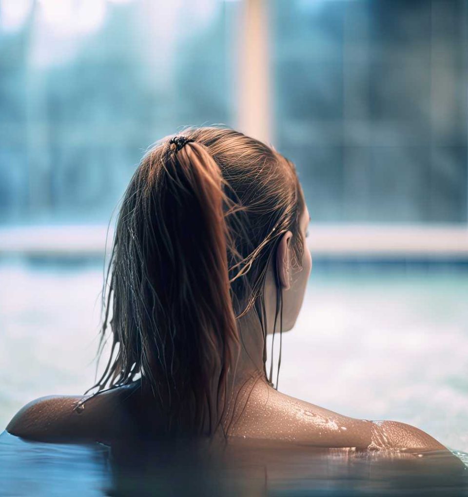 beautiful woman from behind relaxing in a jacuzzi. Ai generative beautiful woman from behind relaxing in a jacuzzi.
